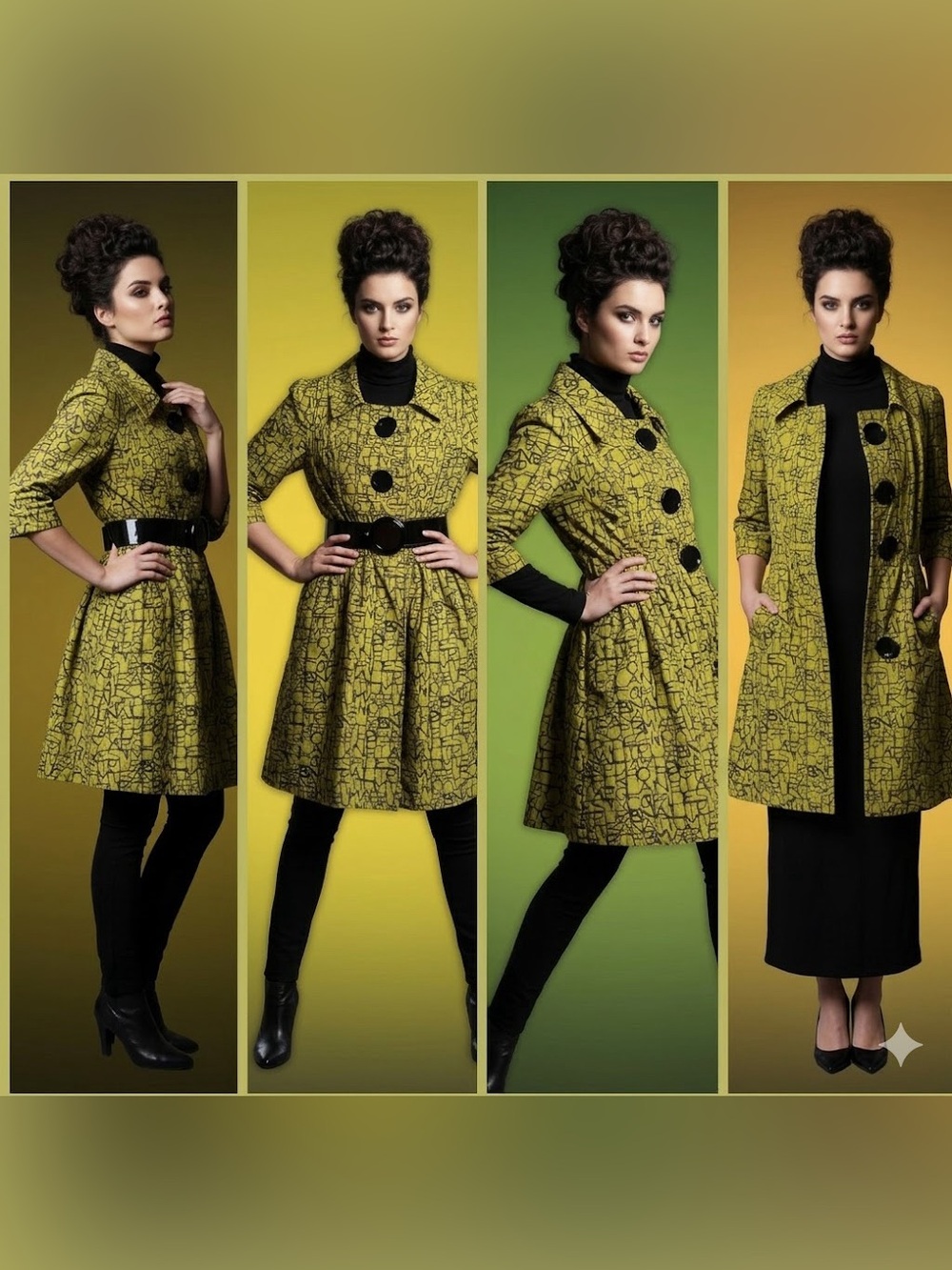An Ren NY Abstract Alphabet Typography Swing Coat Dress Chartreuse Yellow Size 6